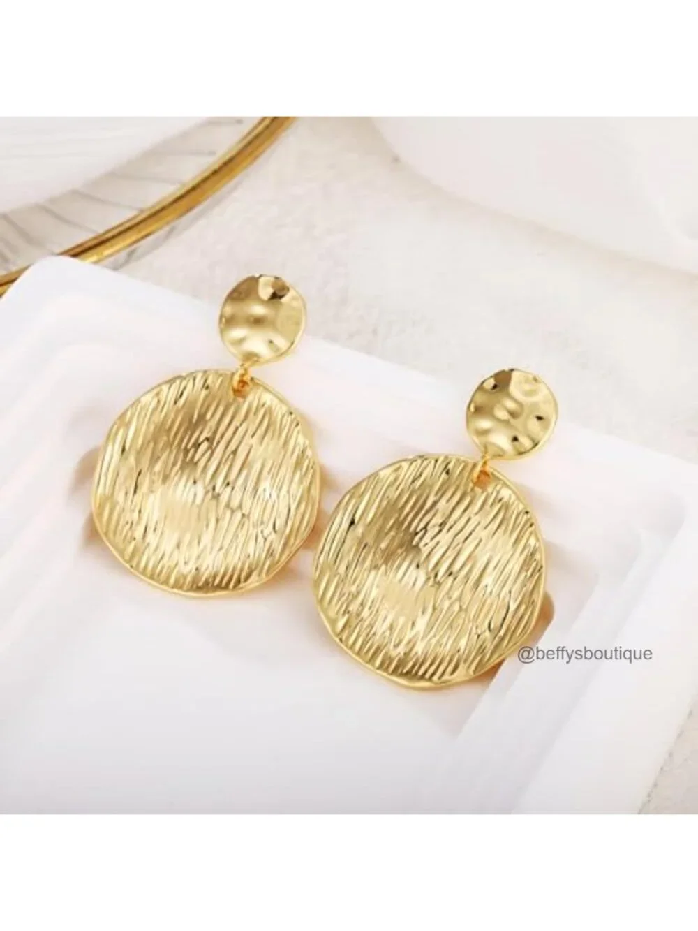 Hammered Brass Disc Drop Dangle Earrings Statement Jewelry